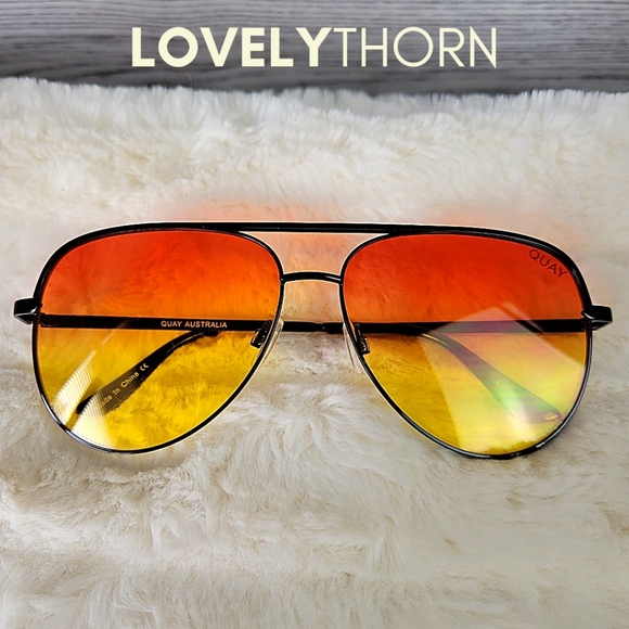 QUAY // ltd ed desi collab oversize black frame orange yellow fade lens aviators - Picture 10 of 16